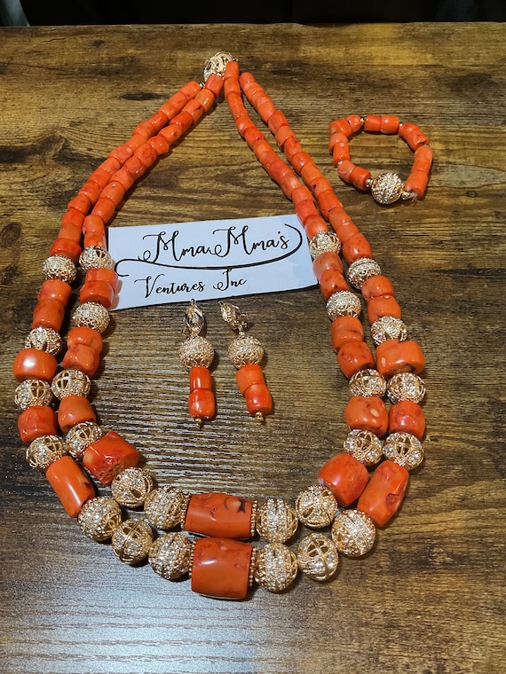 Coral Beads Original LONG Coral Beads Women. Nigerian Bridal Accessories 2 layers African Coral Beads. Yoruba igbo ibo edo benin Wedding. Etsy
