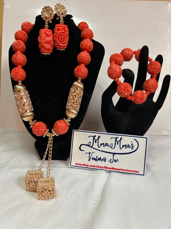 Coral Bead Necklace and Bracelet Set: Nigerian Wedding Jewelry