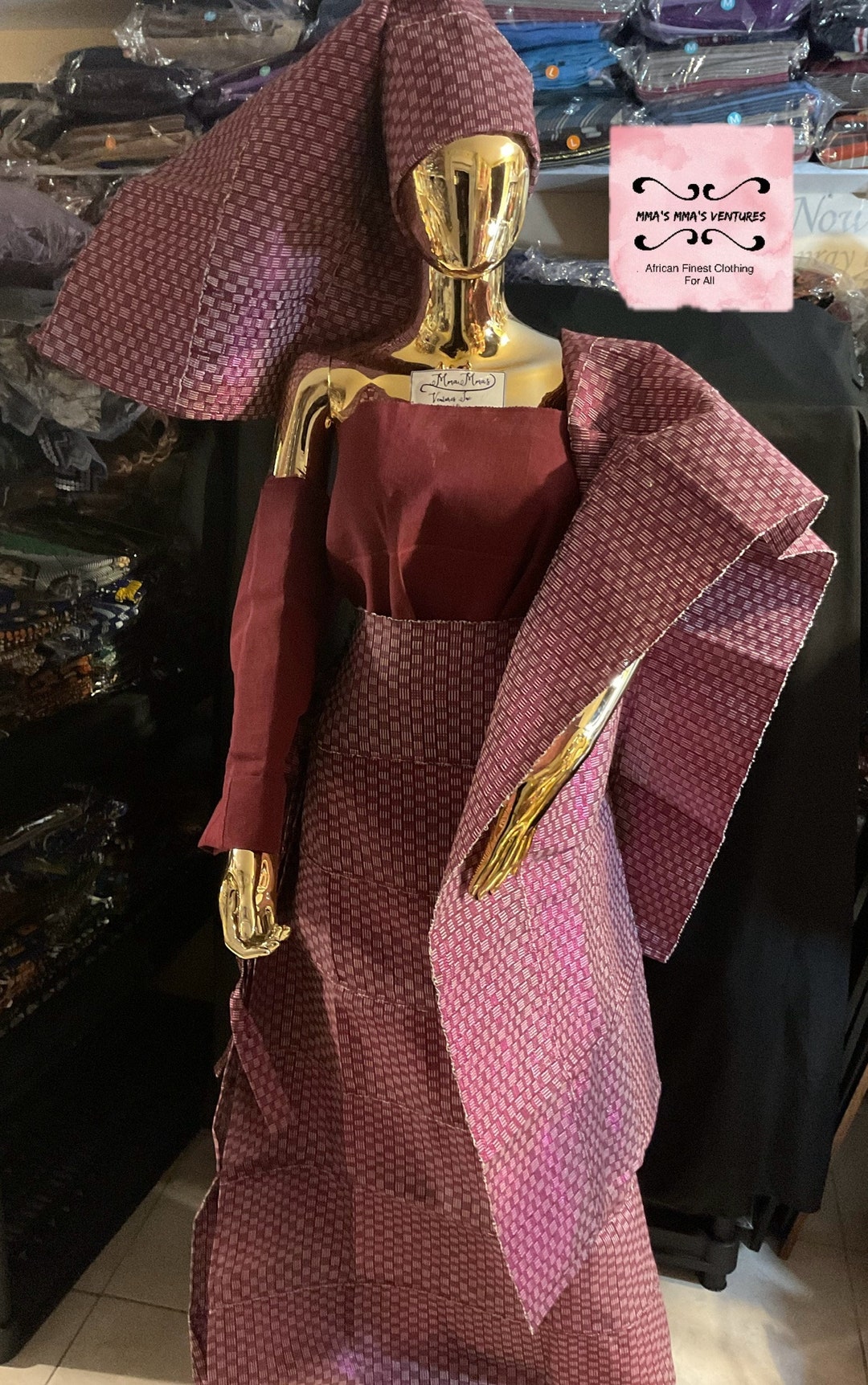 Elegant free size Damask bubu with aso oke in brown