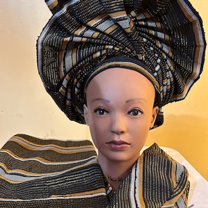 COPY - Aso-Oke African Headtie Auto Gele, Green Stoned Ready Made Gele Fabric Green Auto Gele, Aso Oke Headtie, Gele, Aso-oke Fabric  main image 4