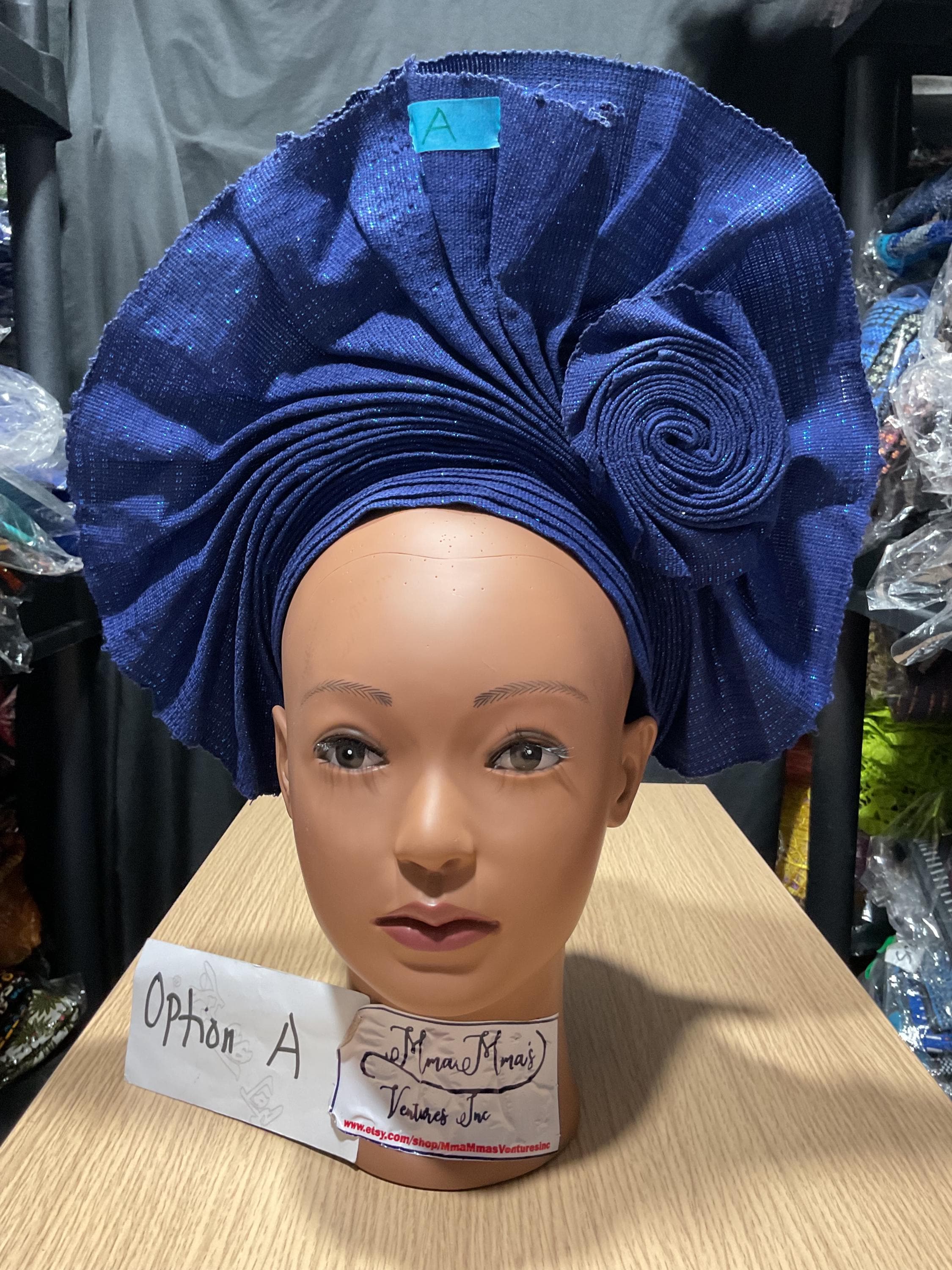 Aso-Oke African Headtie Auto Gele, Navy Blue Stoned Ready Made Gele Fabric African Head Wrap Auto Gele Handmade Aso Oke Headtie  main image 2