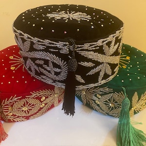 Beaded Velvet Igbo Ozo Cap: Nigerian Mens Hat