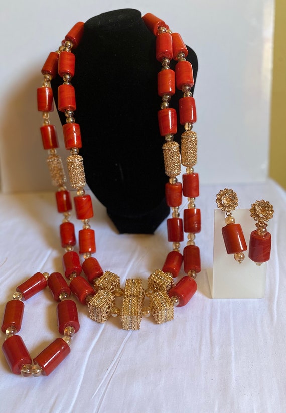 CORAL BEAD TRADITIONAL Nigerian Wedding African Coral Beads Jewelry Set  £50.00 - PicClick UK