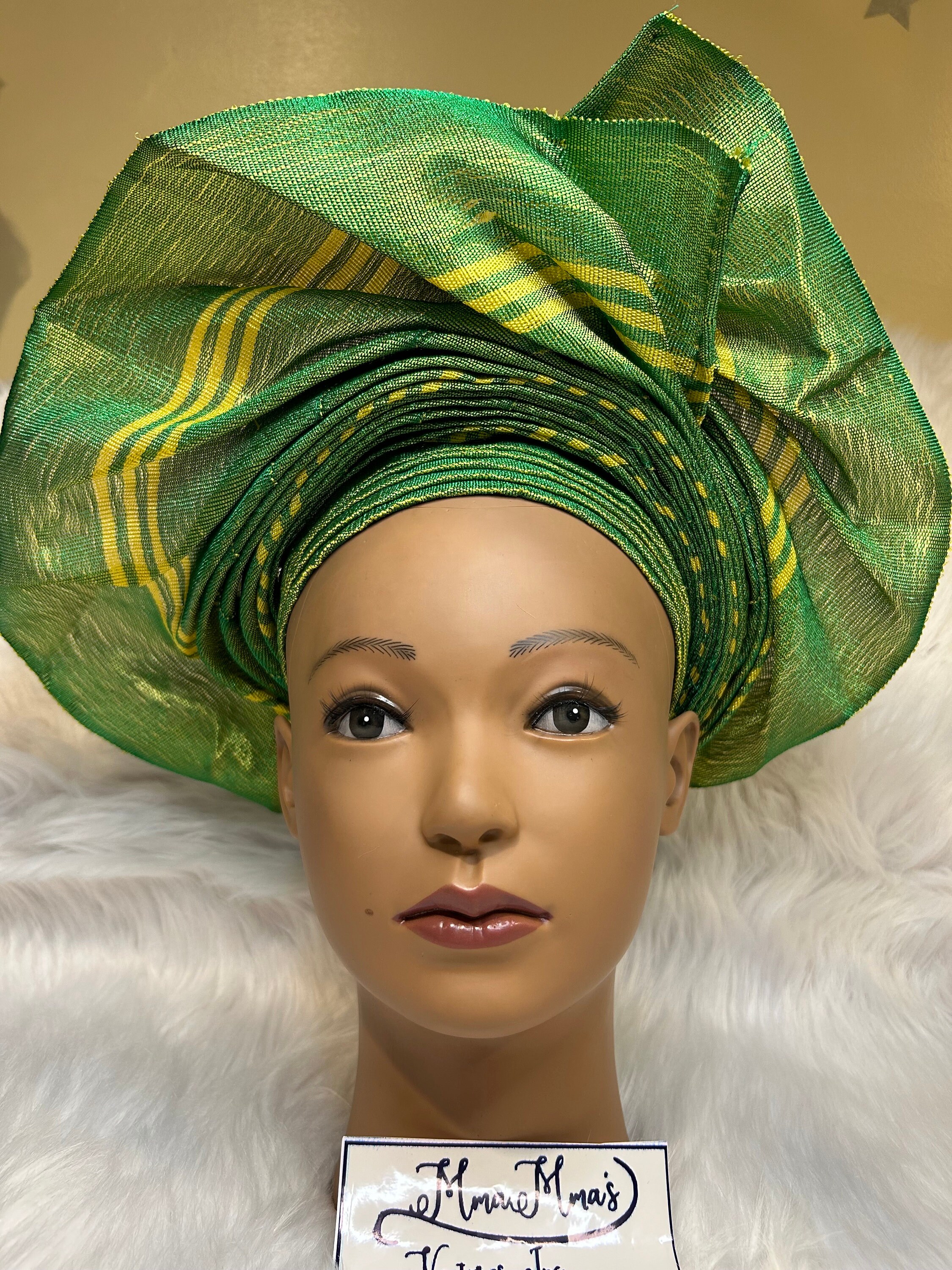 COPY - Aso-Oke African Headtie Auto Gele, Green Stoned Ready Made Gele Fabric Adjustable Pre-tied Light Green Oghogho African Aso Oke  main image 4