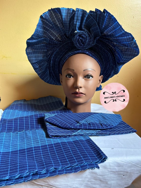 Blue Aso Oke Auto Gele Complete Set: Nigerian Wedding  display picture 1