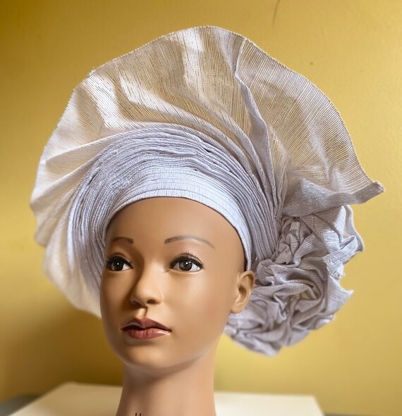 White Aso Oke Auto Gele: Metallic Nigerian Wedding Headwrap  display picture 2