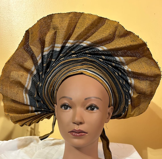 Metallic African-Inspired Headwrap Cap, Pre-Tied Auto Gele, Pleated Design African Auto Gele Headtie Nigeria Women main image 4