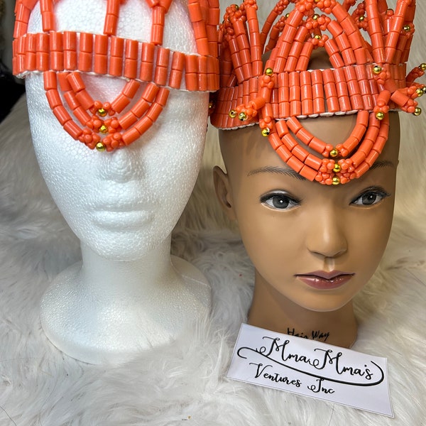 Beaded  faux coral headpiece. Edo/Benin/Igbo free size, ready to wear coral bead, haircrown, bridal crown, traditional Africa wedding.