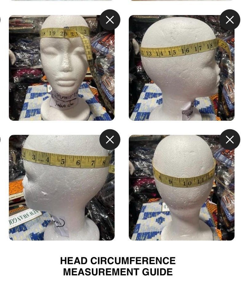 May include: A head circumference measurement guide featuring a styrofoam head with a measuring tape wrapped around it. The guide shows different angles and measurements in inches, with the text "HEAD CIRCUMFERENCE MEASUREMENT GUIDE" at the bottom.