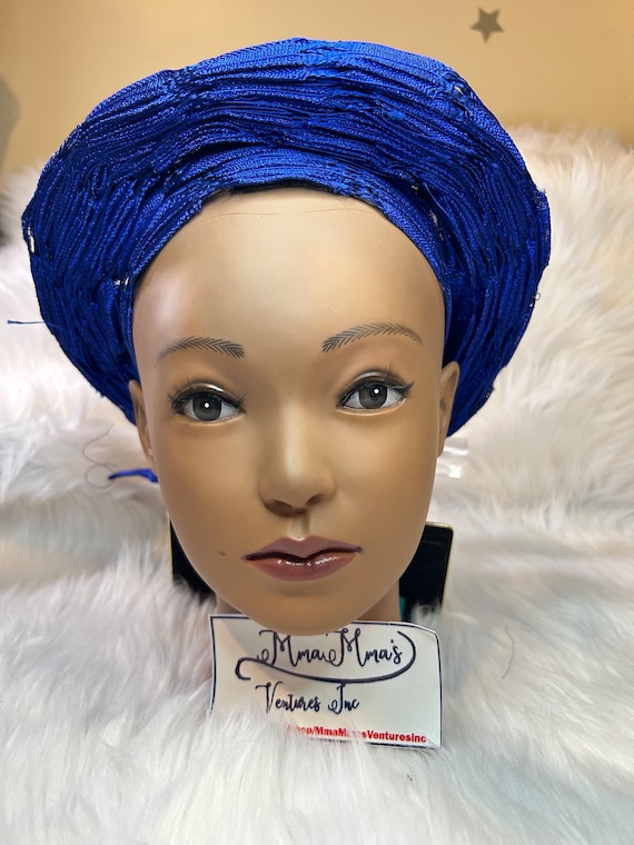 Blue Aso Oke Auto Gele: Nigerian Pre-tied Head Wrap - Etsy display picture 2