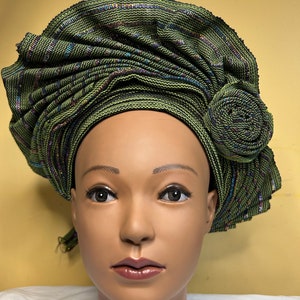 Aso Oke Nigeria auto gele,  ready to wear gele, African hat, traditional wedding hat, pre-tied headgear, head wrap. Turban. Vintage-Green