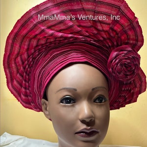 Aso Oke Nigeria autogele, ready to wear gele, African hat, traditional wedding hat, pre-tied headgear, headwrap, Head-tie.  Pink color
