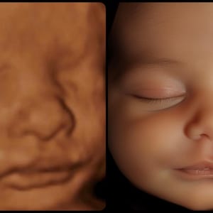 May include: A split image showing a 3D ultrasound image next to a newborn baby's face. The ultrasound image is brown and shows the baby's facial features. The baby's face is in focus, with closed eyes and a peaceful expression.