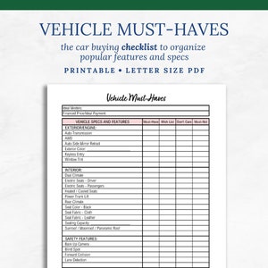 Guía de compra de automóviles Lista de verificación para la compra de automóviles Lista de verificación de características del vehículo Descarga instantánea en PDF