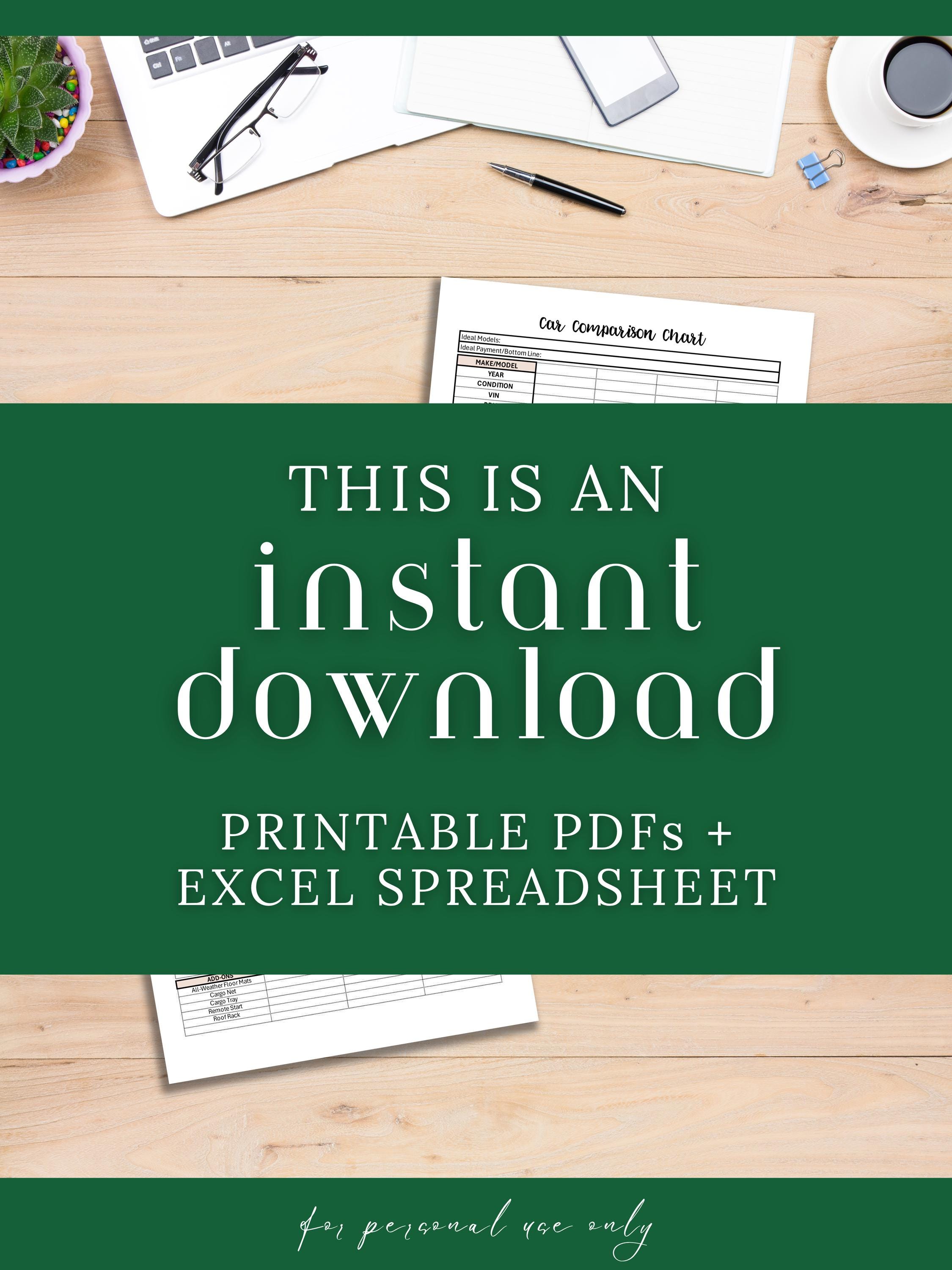 Car Comparison Tool - Spreadsheet & Printable PDF | Side-by-side ...