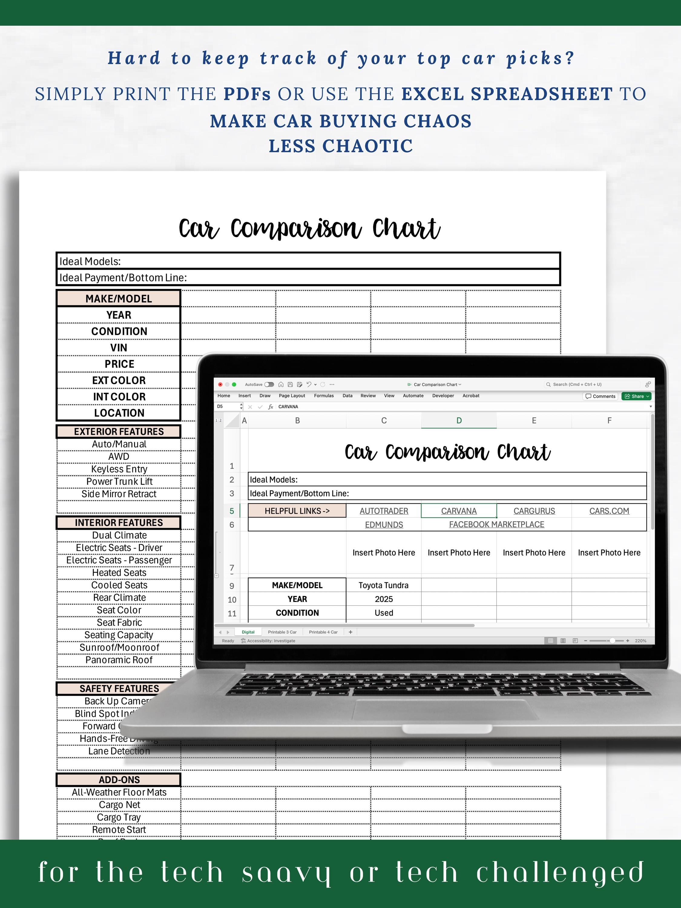 Car Comparison Tool - Spreadsheet & Printable PDF | Side-by-side ...