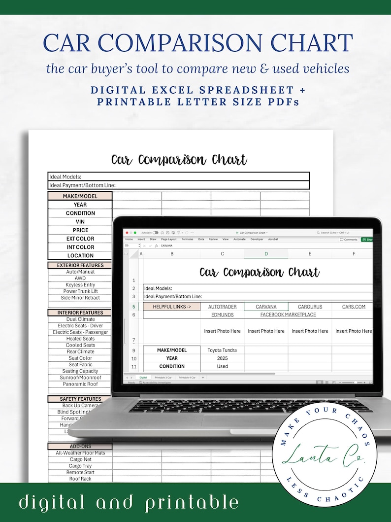 Car Comparison Tool - Spreadsheet & Printable PDF | Side-by-side ...