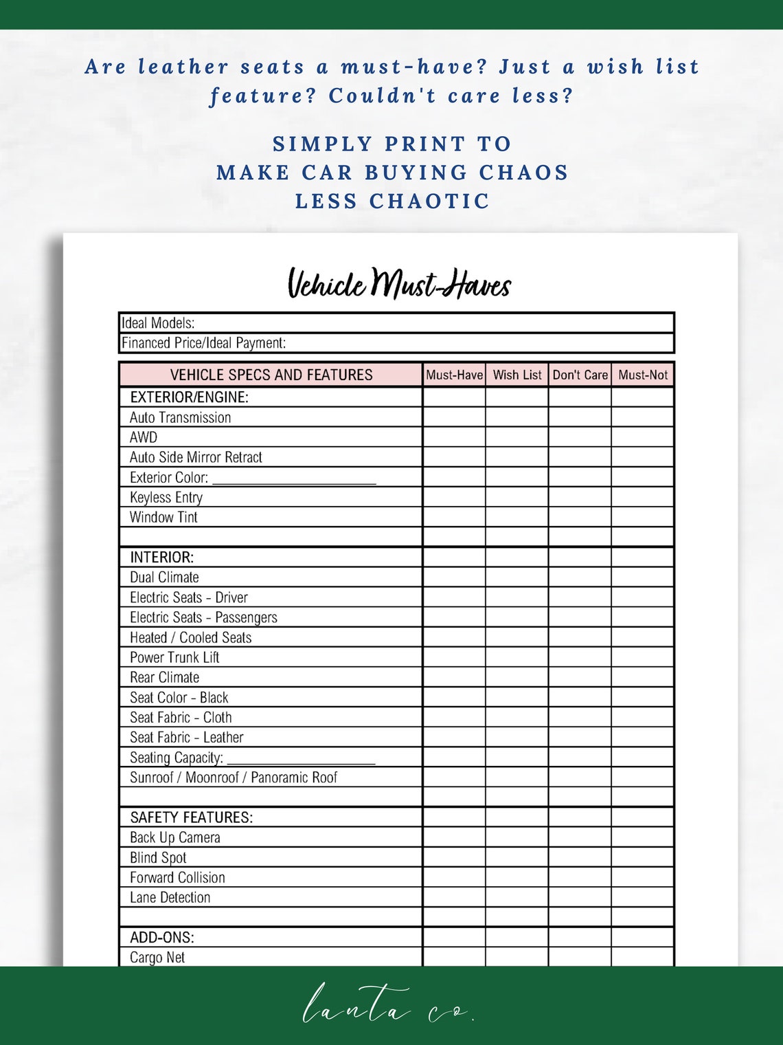 Car Buying Guide Automotive Buying Checklist Vehicle Features Checklist ...