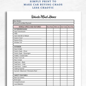 Car Buying Guide Automotive Buying Checklist Vehicle Features Checklist ...