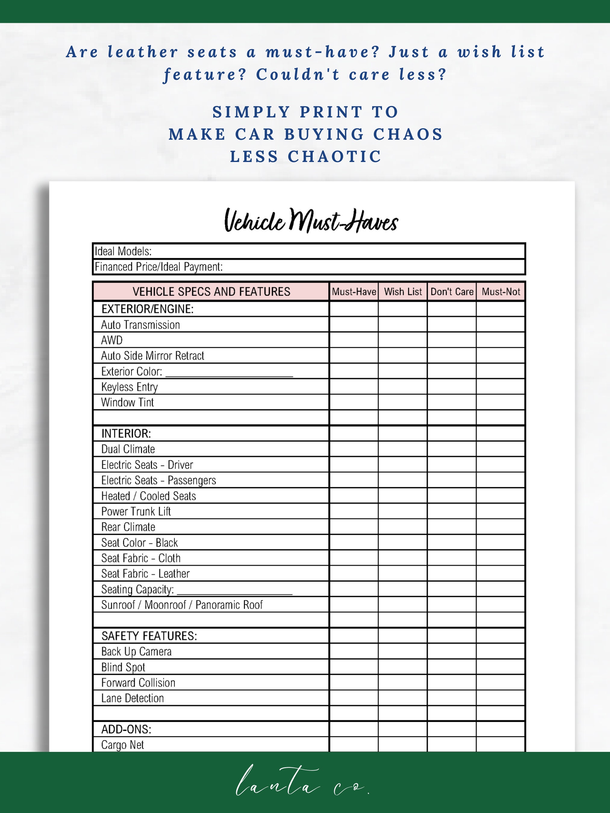 Printable Vehicle Must Haves Checklist Car Buying Guide Automotive ...