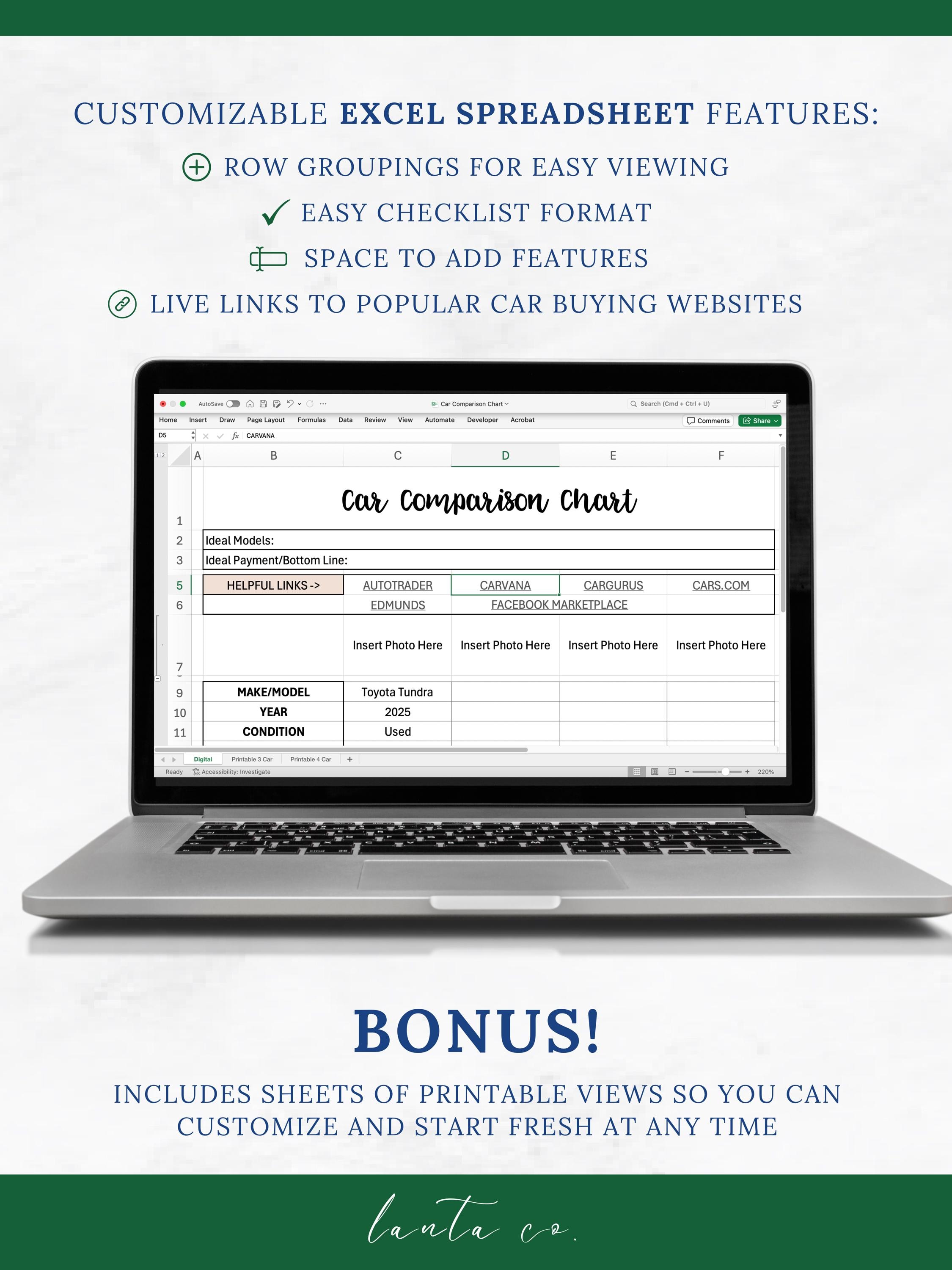 Car Comparison Tool - Spreadsheet & Printable PDF | Side-by-side ...