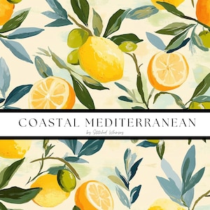 Motif méditerranéen sans couture, Imprimé citron aquarelle, Papier numérique, Motif répété, Art méditerranéen, Motif côtier