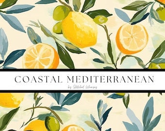 Patrón mediterráneo sin costuras, estampado de acuarela de limón, papel digital, patrón repetido, arte mediterráneo, patrón costero
