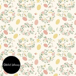 Puede incluir: Un patr&oacute;n sin costuras con huevos de color rosa pastel, amarillo y verde con guirnaldas florales sobre un fondo crema. El texto "Stitched Whimsy" est&aacute; en la esquina inferior izquierda.