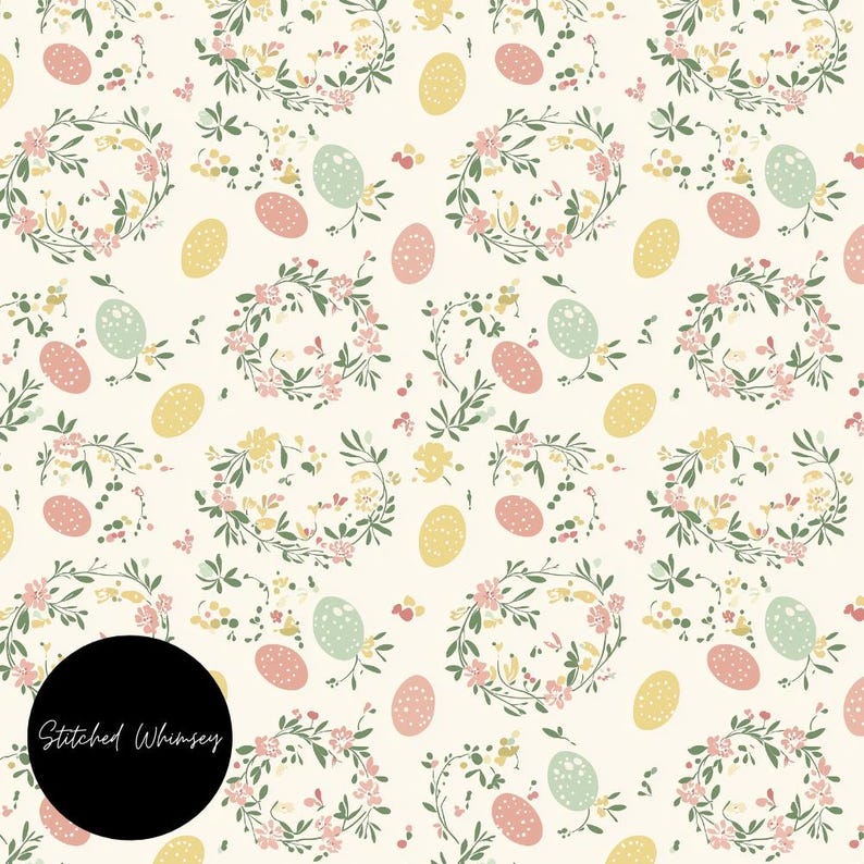 Puede incluir: Un patr&oacute;n sin costuras con huevos de color rosa pastel, amarillo y verde con guirnaldas florales sobre un fondo crema. El texto "Stitched Whimsy" est&aacute; en la esquina inferior izquierda.