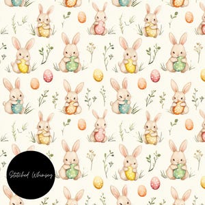Puede incluir: Un patr&oacute;n sin costuras con ilustraciones de acuarela de conejos sosteniendo huevos de Pascua coloridos. El fondo es de color crema claro con hierba verde y peque&ntilde;as flores.