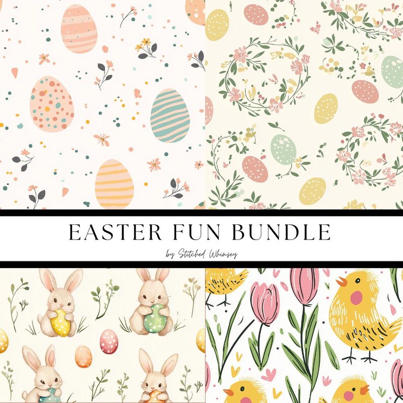 Puede incluir: Una descarga digital de cuatro patrones sin costuras con tem&aacute;tica de Pascua que presentan conejos, pollitos, huevos, flores y coronas. Los patrones est&aacute;n en una paleta de colores pastel y son perfectos para manualidades, scrapbooking y otros proyectos creativos. El texto "Easter Fun Bundle by Stitched Whimsy" est&aacute; incluido en la imagen.