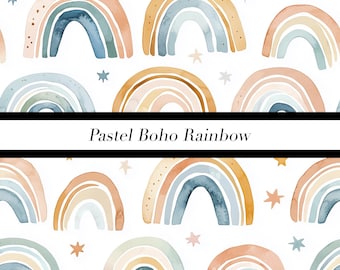 Patrón sin costuras de arcoíris boho pastel / Diseño digital de arcos de acuarela suave
