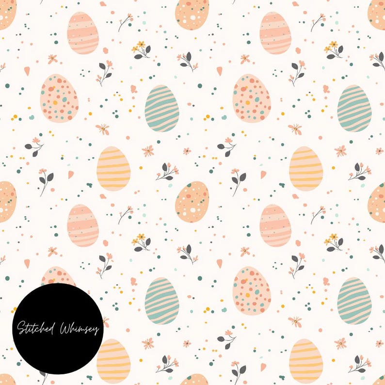 Puede incluir: Un patr&oacute;n sin costuras que presenta huevos de Pascua de colores pastel con varios patrones y dise&ntilde;os. El fondo es blanco con peque&ntilde;os puntos y ramitas florales.
