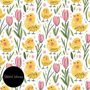 Puede incluir: Un patr&oacute;n sin costuras con pollitos amarillos y tulipanes rosas sobre un fondo blanco. Los pollitos est&aacute;n dibujados en un estilo de dibujos animados con contornos negros y los tulipanes tienen tallos y hojas verdes.
