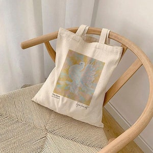 Sac fourre-tout en toile de coton artistique, peinture de colombe, sac fourre-tout esthétique romantique, sac en toile artistique, blanc et or
