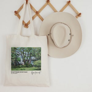 Sac fourre-tout en toile de coton artistique, peinture de vieille maison et d’arbres verts, fourre-tout artistique de style Monet, sac fourre-tout esthétique, sac fourre-tout en toile