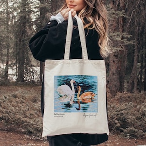 Sac fourre-tout en toile de coton artistique, peinture de cygnes dans le lac, sac fourre-tout esthétique romantique, sac en toile artistique, art du couple de cygnes