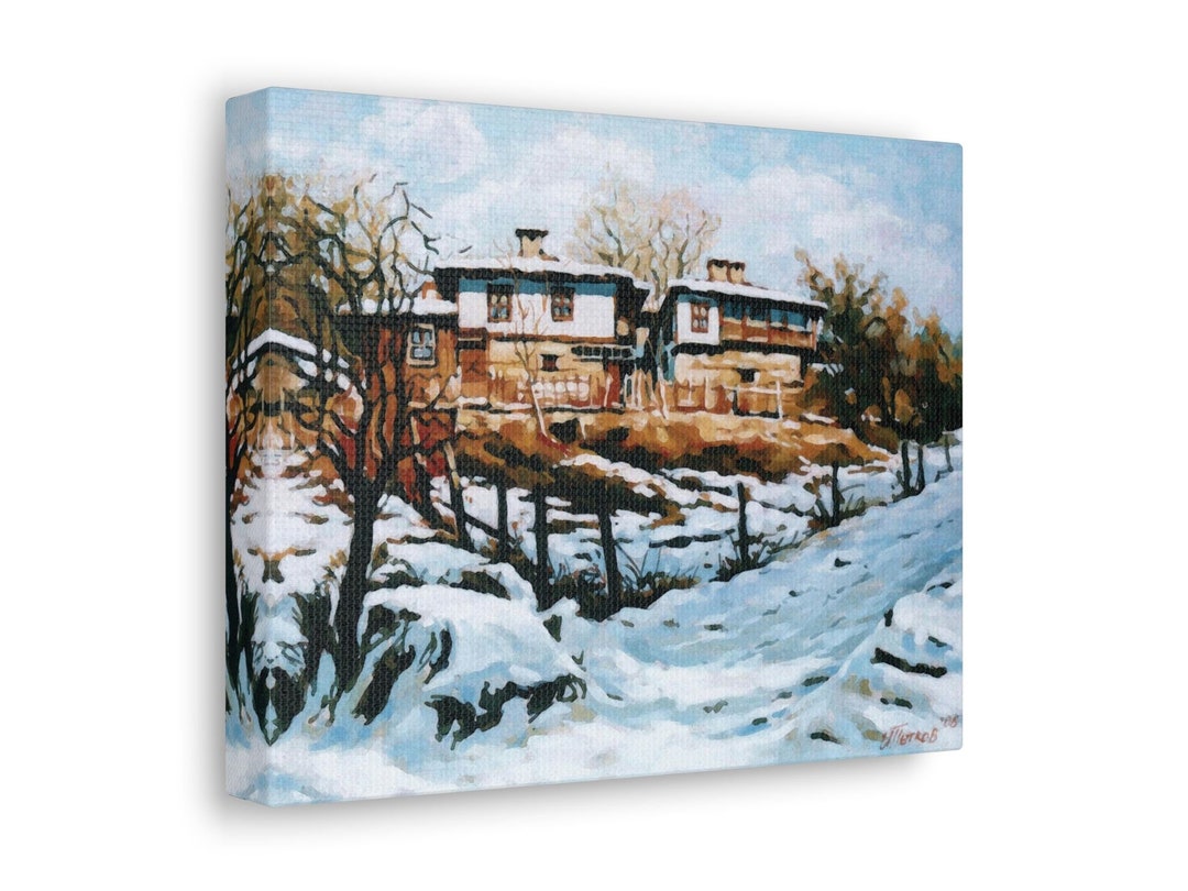 Cozy Winter Village Houses Canvas Print, Snowy Landscape, Watercolor ...