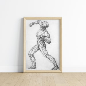 Puede incluir: Un dibujo a lápiz en blanco y negro enmarcado de una figura musculosa en una pose dinámica. La figura está representada en un estilo realista, con musculatura detallada y precisión anatómica.