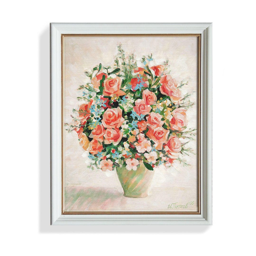 Framed Pink Roses Original Oil Painting - Vintage Floral Still Life ...