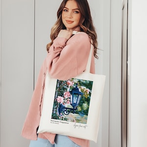 Sac fourre-tout en toile de coton artistique, peinture de roses roses et lanterne de jardin, sac fourre-tout esthétique romantique, sac en toile artistique