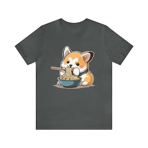 Chubby Corgi Dog Anime Eating Ramen Cute Unisex Cotton Tee
