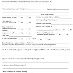 May include: A wedding photographer interview form with sections for wedding date, photography style, and pricing. Includes questions about portfolio, references, and album assistance. Features a bonus tip and contact details.
