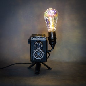 Unique Loft Style Table Lamp with Warm Edison Light, Upcycled Amateur Camera and Tripod