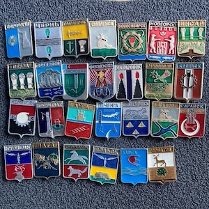 Set of 27 badges, pins USSR coat of arms of cities. Rare set of pins.
