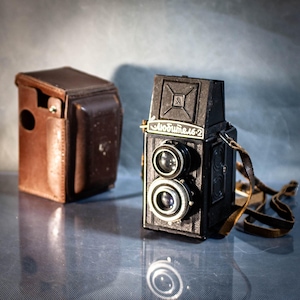 May include: A black and silver vintage film camera with a leather case and a strap. The camera has two lenses and the text "Любитель-2" on the front.