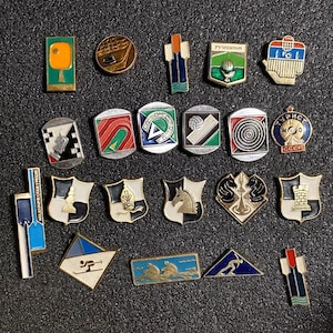Set of badges, sports of the USSR 1970-1980. Shooting, chess, rowing, hockey, speed skating, puddle sports. etc.