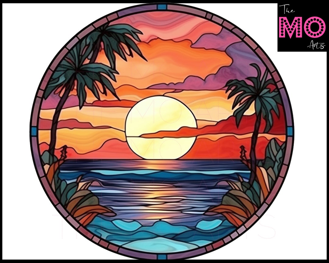 5 Beach Sunset Scene Round Stained Glass Clipart Sublimation - Etsy