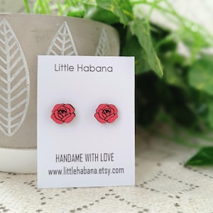 Personalized Rose Earrings, Red Rose Earrings, Cute Rose Flower Earrings, Tiny Rose Stud Earrings, Realistic Rose Jewelry, Woman Gifts(E027)