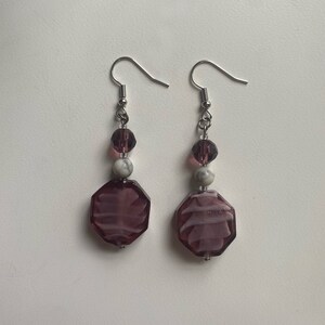 Handmade Marble and Mauve Glass Bead Dangling Earrings